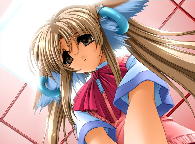 animal_ears, ascot, brown_eyes, brown_hair, dog_ears, earrings, fox_ears, from_below