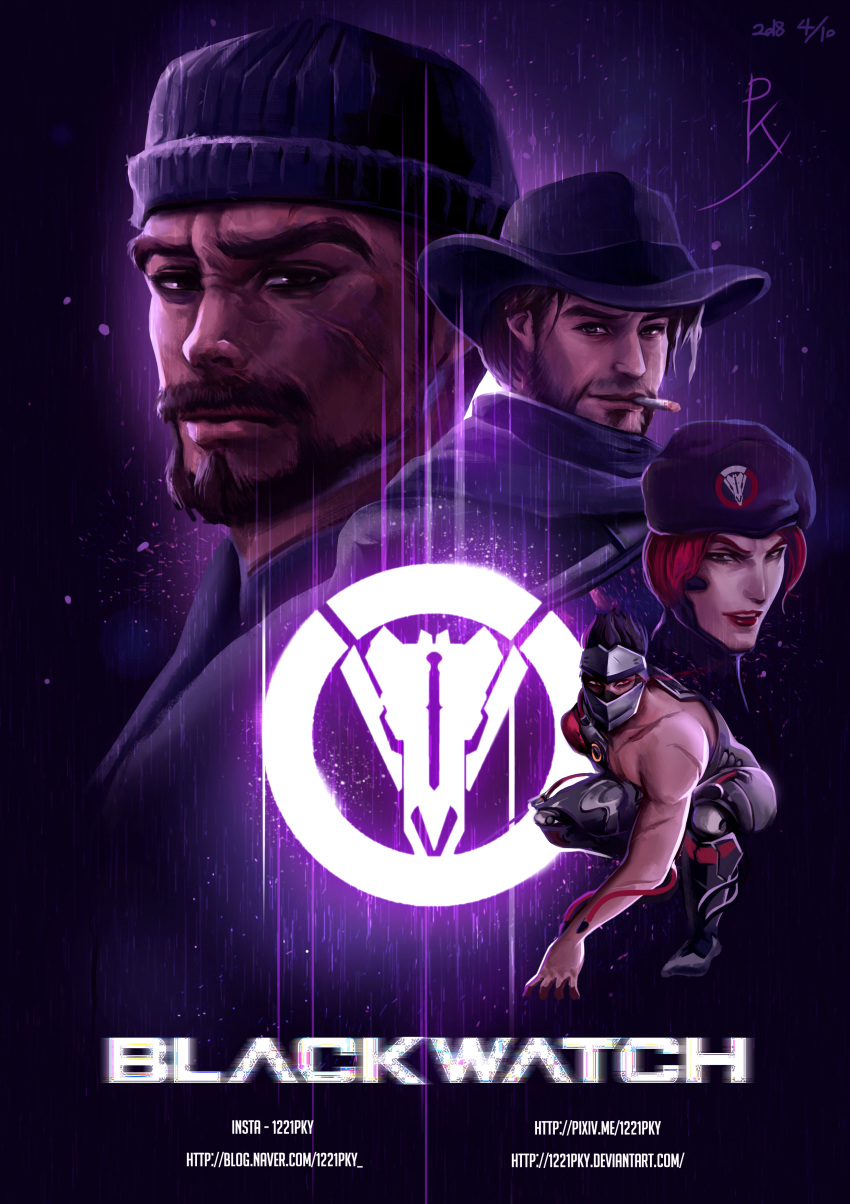 1girl, 3boys, absurdres, artist_name, beard, beret, black_hair, blackwatch_genji