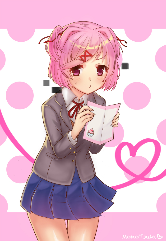 1girl, :>, artist_name, bangs, blazer, blue_skirt, blush, collared_shirt