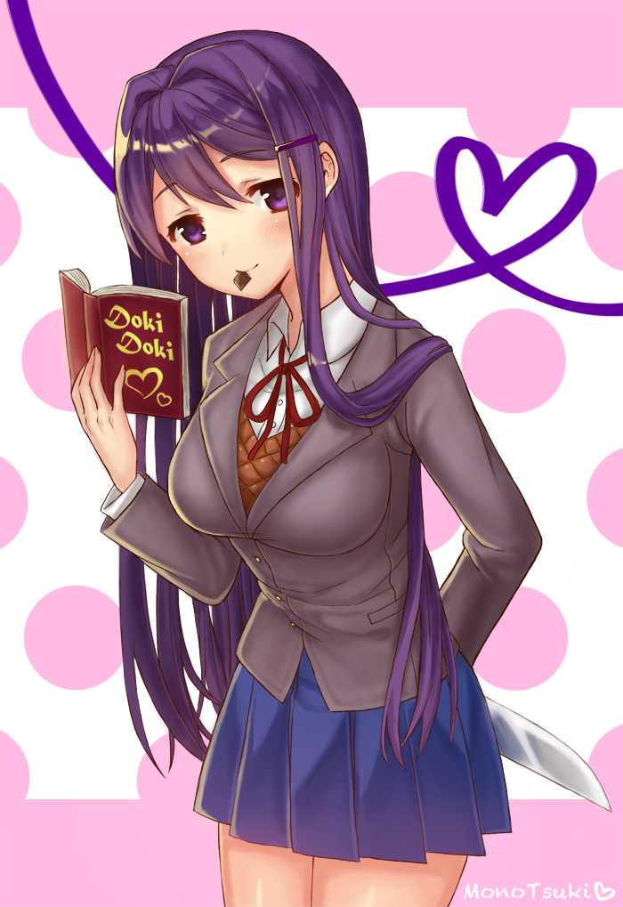 1girl, arm_behind_back, bangs, blazer, blue_skirt, blush, book, breasts