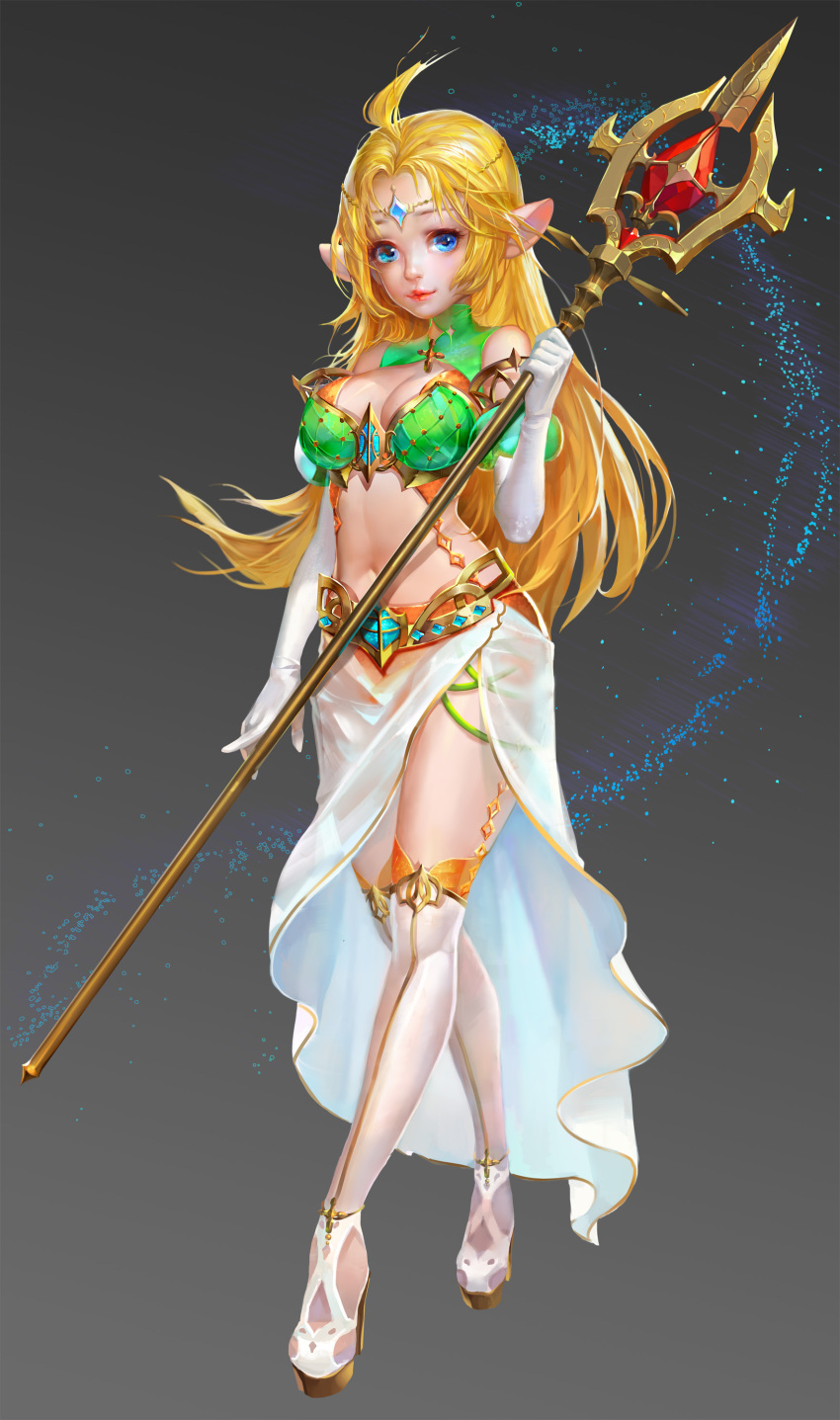 1girl, absurdres, ahoge, bikini_top, blonde_hair, blue_eyes, breasts, circlet, cleavage, elbow_gloves, elf, full_body, gem, gloves, green_bikini_top, high_heels, highres, hx_(091113), lips, long_hair, midriff, navel, original, pointy_ears, shoes, skirt, smile, solo, staff, thigh-highs, white_gloves, white_legwear, white_skirt