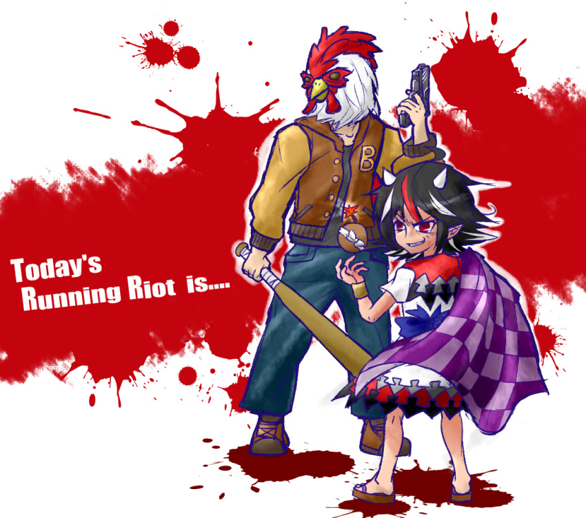 1boy, 1girl, baseball_bat, blood, blood_splatter, bomb, crossover, denim