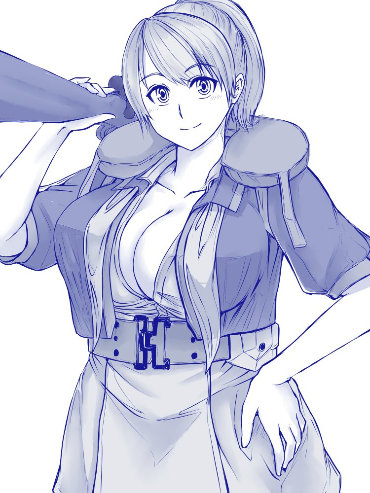 1girl, belt, blue, breasts, cowboy_shot, enu_(n_storage), gun, hand_on_hip