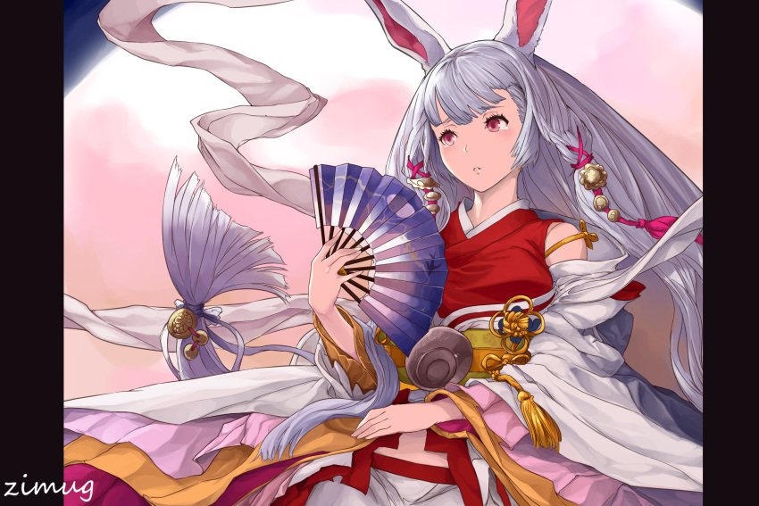 1girl, animal_ears, artist_name, braid, fan, granblue_fantasy, grey_hair, hair_ornament