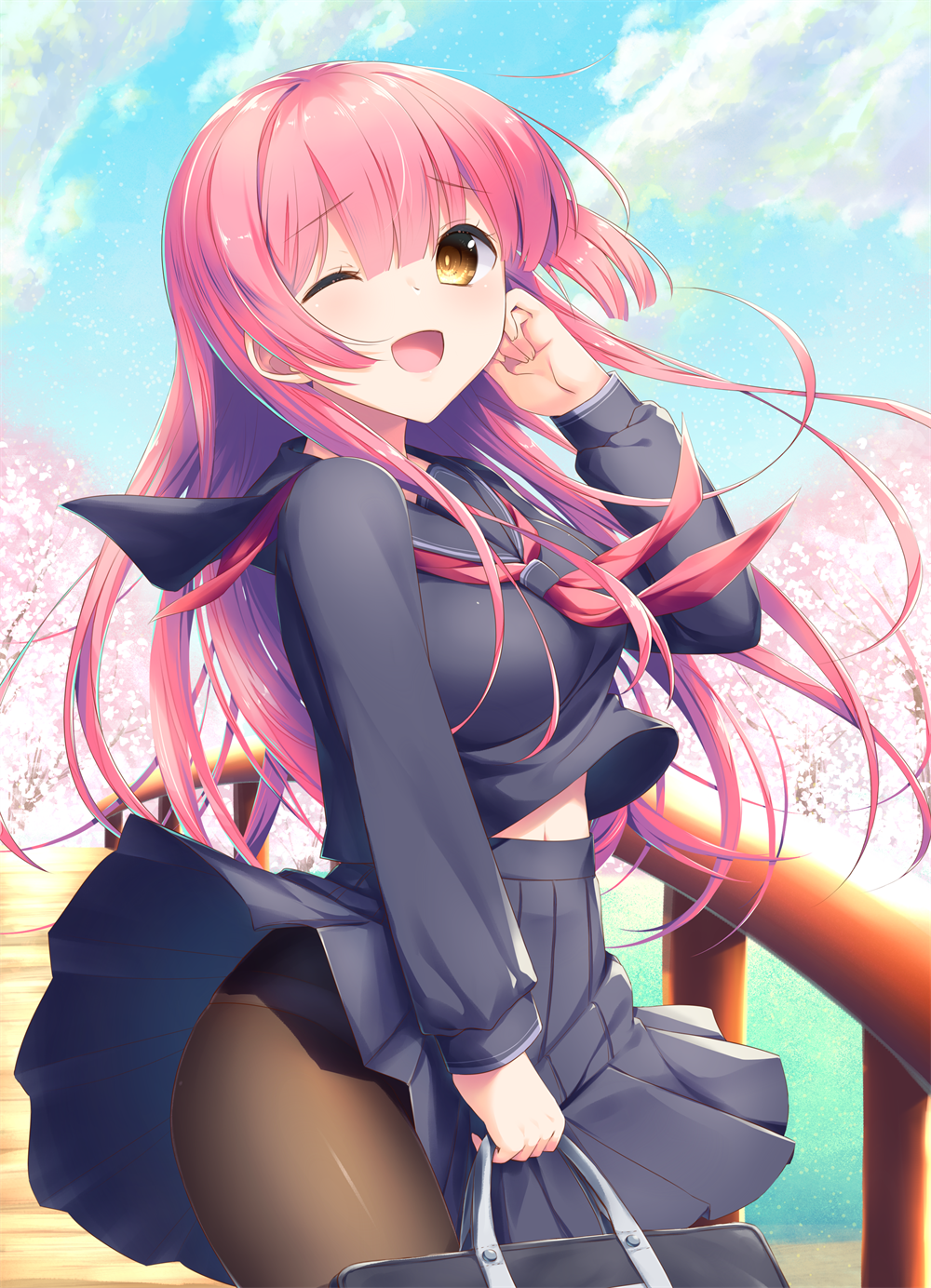 1girl, ;d, bag, bangs, black_sailor_collar, black_serafuku, black_shirt, black_skirt