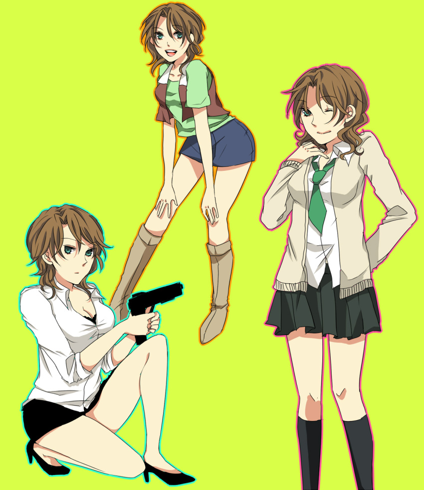 ^&omega;^, boots, breasts, brown_hair, cleavage, genderswap, green_eyes, gun, gundam, gundam_00, high_heels, highres, jacket, large_breasts, leaning_forward, lingerie, lockon_stratos, necktie, school_uniform, shoes, skirt, smile, squat, squatting, teaco, thigh-highs, thighhighs, underwear, weapon, wink