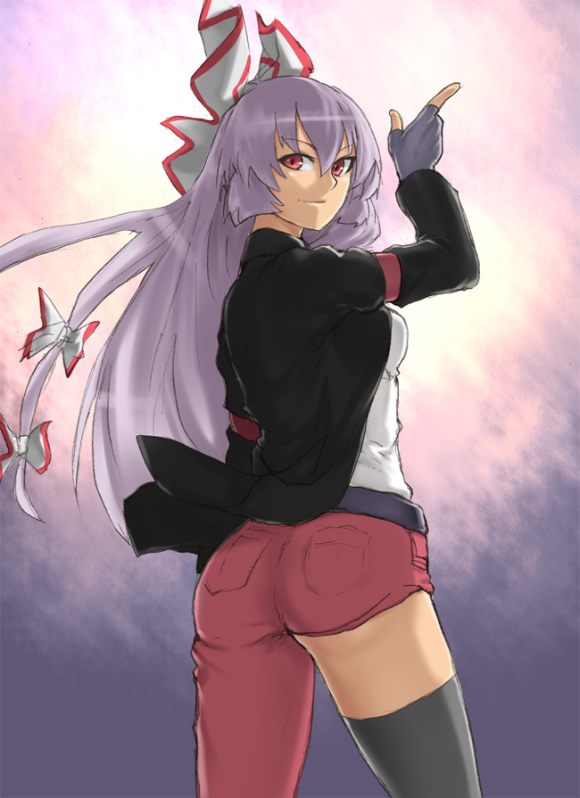 asymmetrical_clothes, fingerless_gloves, from_behind, fujiwara_no_mokou, gloves, hou_takashi_ji, houtengeki, jeans, long_hair, looking_back, one_pantsleg, one_thighhigh, red_eyes, silver_hair, single_pantsleg, single_thighhigh, thigh-highs, thighhighs, touhou