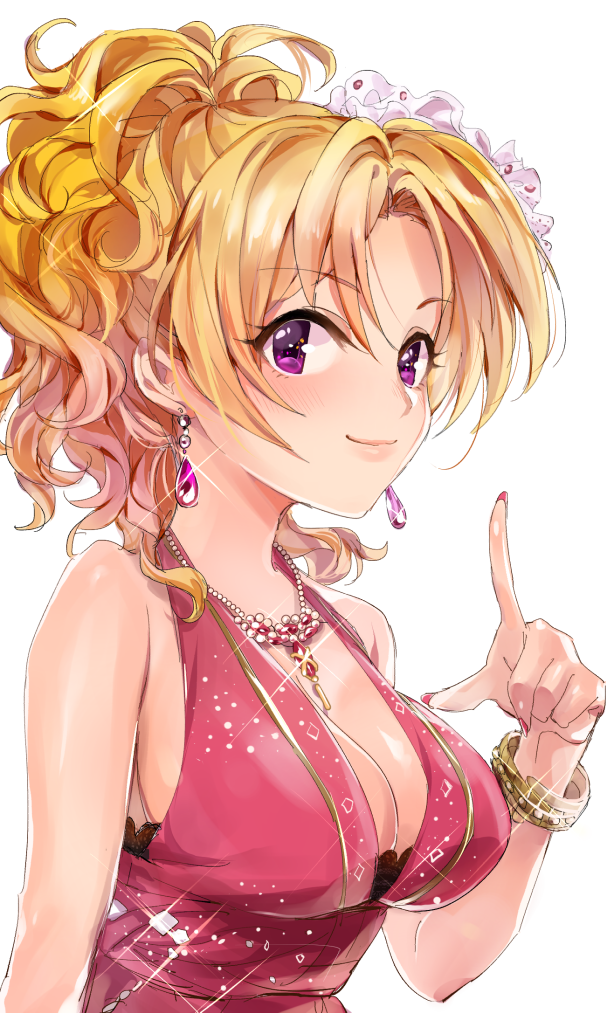1girl, bangle, blonde_hair, bracelet, breasts, cleavage, commentary_request, dress