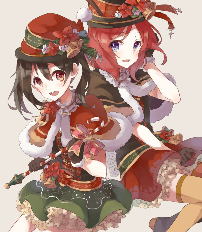 2girls, :d, bell, black_gloves, black_hair, candy, candy_cane, christmas