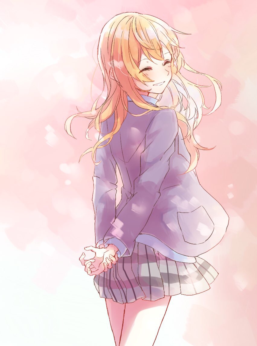 1girl, ^_^, arms_behind_back, bangs, blazer, blonde_hair, closed_eyes, grin, holding_own_wrist, jacket, long_hair, long_sleeves, looking_back, miyazono_kawori, pink_background, plaid, plaid_skirt, pleated_skirt, school_uniform, sentaro207, shigatsu_wa_kimi_no_uso, skirt, smile, solo