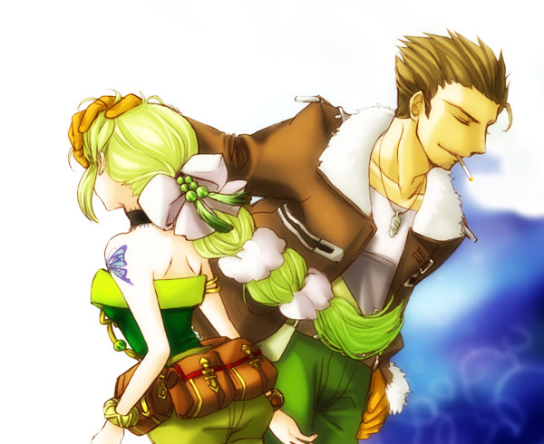 1boy, 1girl, artist_request, bare_shoulders, braid, breasts, father_and_daughter, green_hair