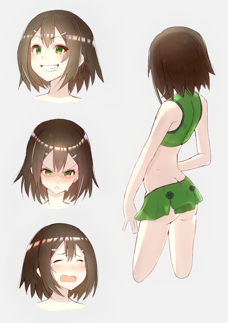 >:<, 1boy, :<, ass, baka_to_test_to_shoukanjuu, blush, brown_hair, crossdressinging, green_eyes, grin, hair_ornament, hairclip, highres, kinoshita_hideyoshi, male_focus, nero2, open_mouth, smile, tears, trap