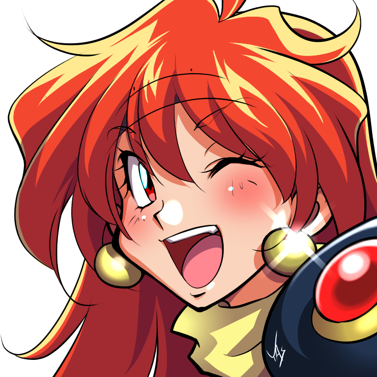 1girl, ;d, blush, earrings, eyebrows_visible_through_hair, face, headband, jewelry, lina_inverse, long_hair, looking_at_viewer, one_eye_closed, open_mouth, pauldrons, red_eyes, redhead, slayers, smile, solo, white_background, yasu_(pixiv)