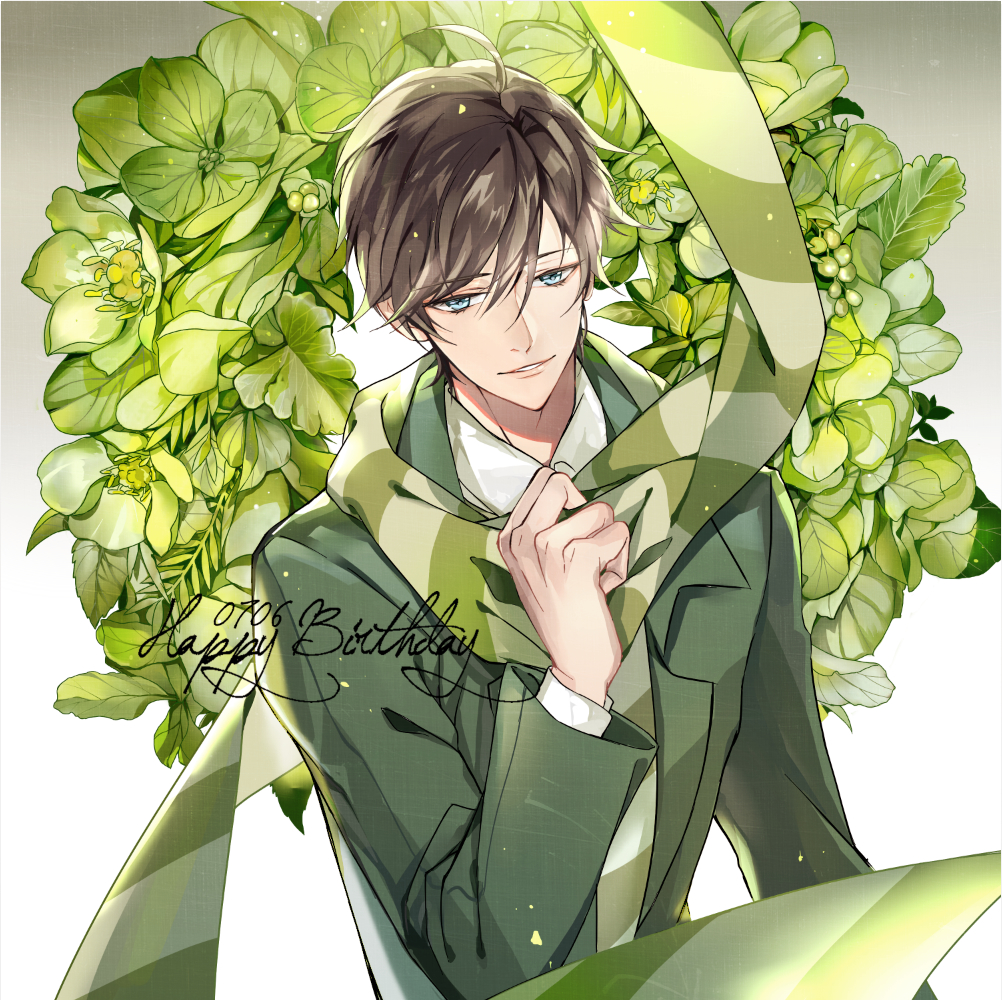 ahoge, blue_eyes, brown_hair, character_check, flower, gao_yingjie, gradient, gradient_background, green_scarf, grey_background, hand_up, happy_birthday, quan_zhi_gao_shou, s_(olath), scarf, standing, striped, striped_scarf, upper_body