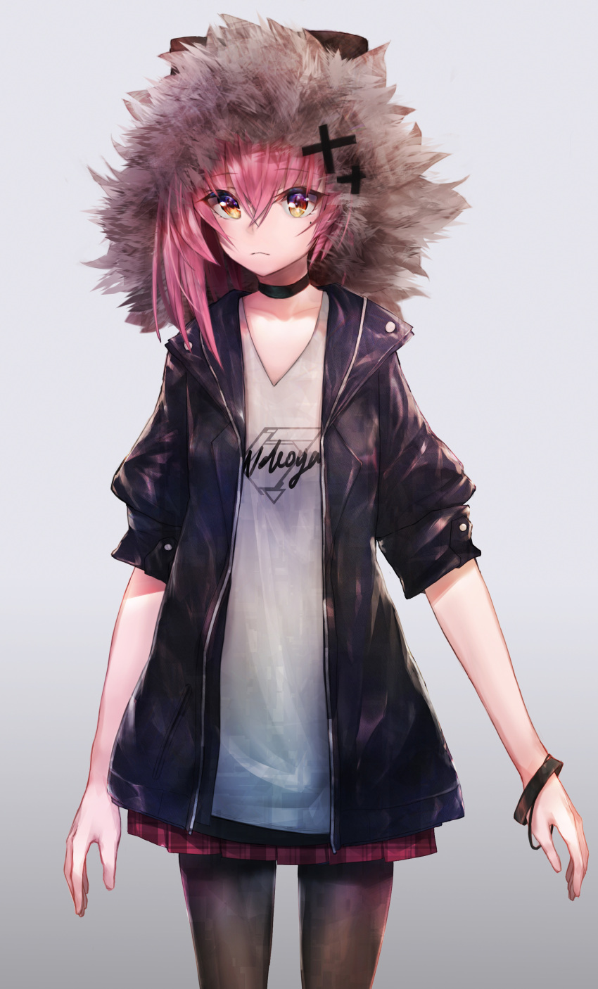 1girl, absurdres, bangs, black_choker, black_jacket, black_legwear, brown_eyes, choker