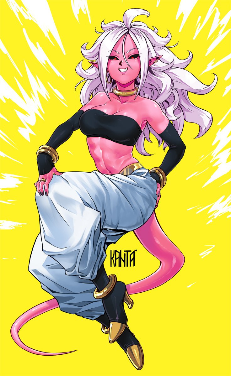 1girl, android_21, android_21_(evil), anklet, big_hair, black_nails, black_sclera, boots