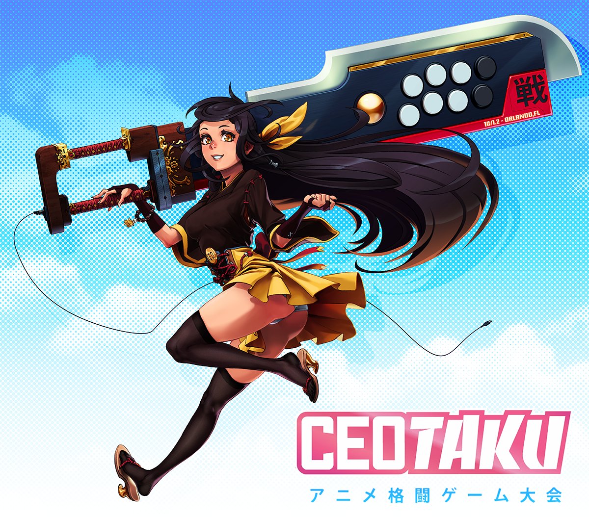 1girl, arcade_stick, ass, black_hair, black_legwear, brown_eyes, cable, ceotaku
