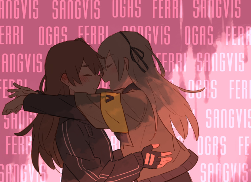 2girls, blush, closed_eyes, ear_blush, fingerless_gloves, from_side, girls_frontline, gloves