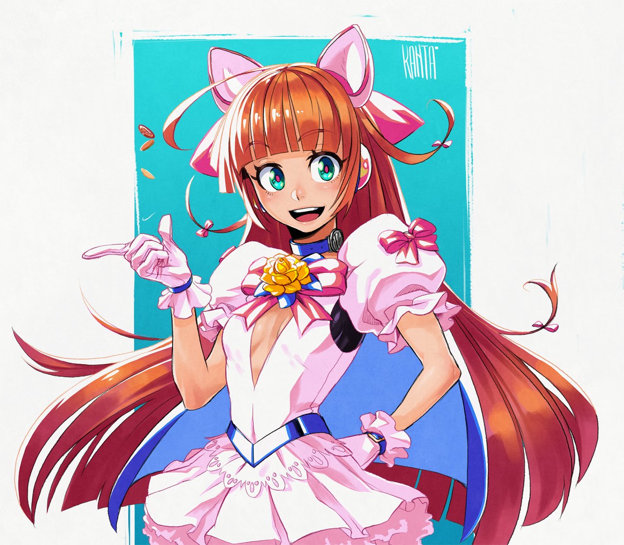 1girl, ahoge, animal_ears, bangs, blue_eyes, blunt_bangs, bow, breasts, cape, cat_ears, center_opening, collar, commentary, dress, exchanger_(money_idol_exchanger), eyebrows_visible_through_hair, gloves, hair_bow, hand_on_hip, huge_ahoge, kanta-kun, long_hair, looking_at_viewer, magical_girl, mitsukoshi_sakura, money_idol_exchanger, open_mouth, pink_bow, pink_dress, pink_gloves, puffy_short_sleeves, puffy_sleeves, short_sleeves, small_breasts, smile, solo