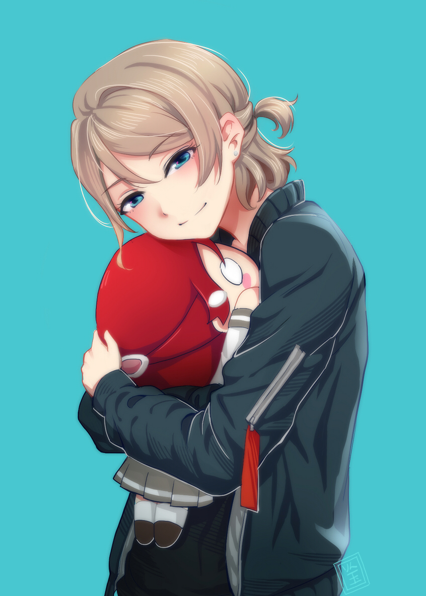 1girl, aqua_background, black_jacket, black_shirt, blue_eyes, blush_stickers, character_doll, doll