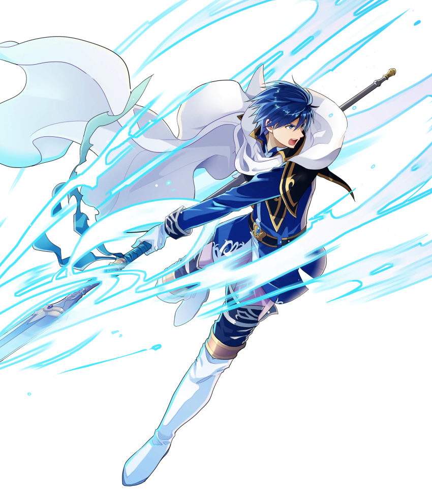 1boy, aura, belt, blue_eyes, blue_hair, boots, cape, finn_(fire_emblem)