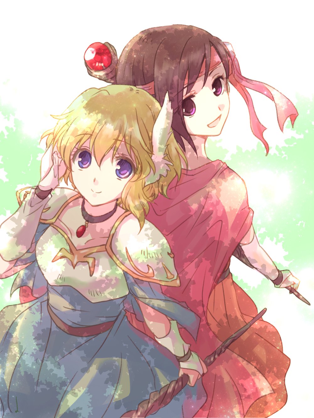 2girls, back-to-back, blonde_hair, breastplate, brown_hair, cape, feathers, fire_emblem
