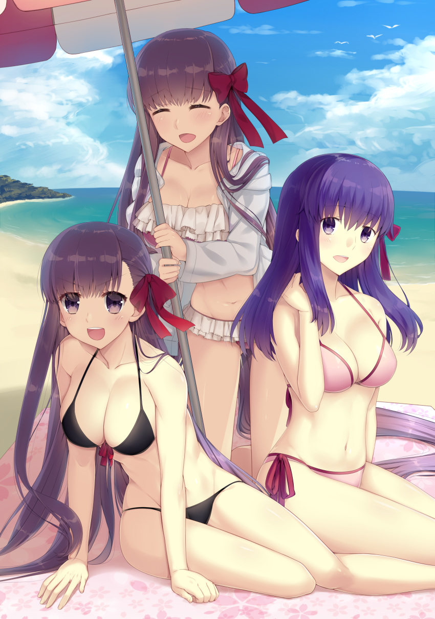 3girls, :d, absurdly_long_hair, absurdres, arm_support, bangs, bare_arms, bare_shoulders, bb_(fate/extra_ccc), beach, bikini, black_bikini, blue_sky, blush, bow, breasts, cleavage, closed_eyes, clouds, collarbone, day, eyebrows_visible_through_hair, fate/extra, fate/extra_ccc, fate/stay_night, fate_(series), fingernails, frilled_bikini, frills, front-tie_bikini, front-tie_top, hair_bow, highres, hood, hood_down, hoodie, horizon, large_breasts, long_hair, looking_at_viewer, matou_sakura, multiple_girls, navel, ocean, open_clothes, open_hoodie, open_mouth, ouhina, outdoors, passion_lip, pink_bikini, purple_hair, red_bow, sand, side-tie_bikini, sitting, sky, smile, swimsuit, upper_teeth, v-shaped_eyebrows, very_long_hair, violet_eyes, water, white_hoodie