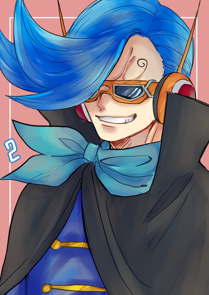 1boy, blue_hair, cape, headphones, male_focus, one_piece, solo, sunglasses