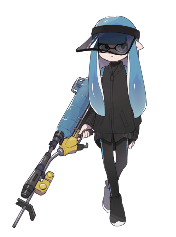 1girl, :|, bangs, black_footwear, black_jacket, black_pants, blue_hair, blunt_bangs