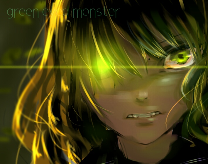 1girl, blonde_hair, english, fangs, glowing, glowing_eye, gradient, gradient_background