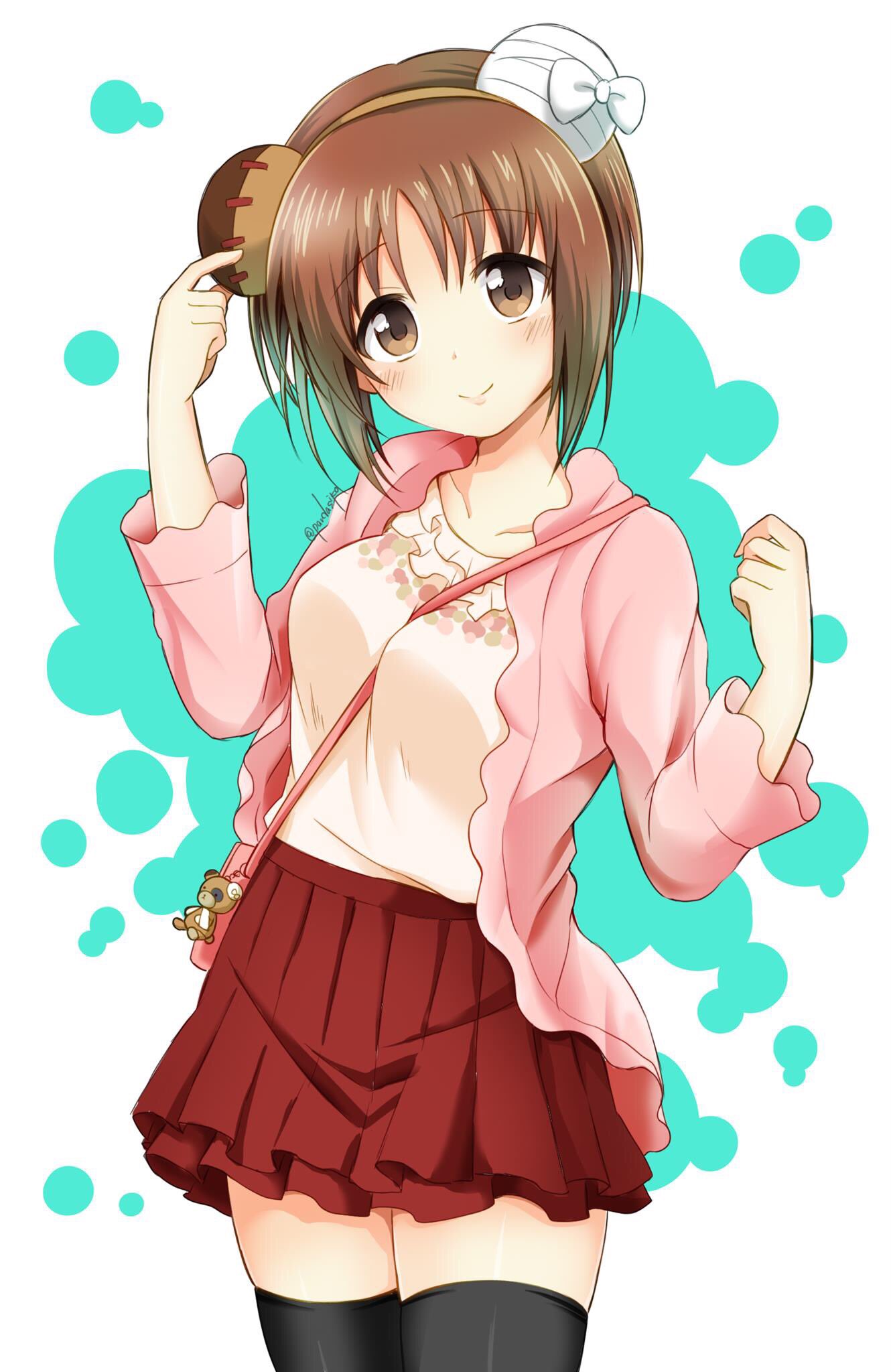 1girl, adjusting_headwear, animal_ears, bag, bandage, bangs, bear_ears, black_legwear