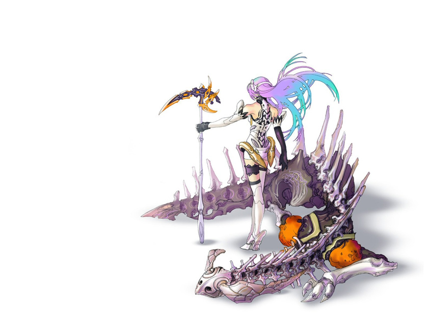 android, fingerless_gloves, from_behind, gloves, gnosis, high_heels, highres, kos-mos, long_hair, multicolored_hair, scythe, shoes, skeleton, very_long_hair, xenosaga, xenosaga_episode_i