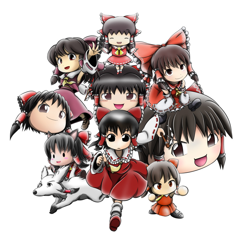 >:d, 6+girls, :d, ^_^, absurdres, animalization, annotation_request, arms_between_legs