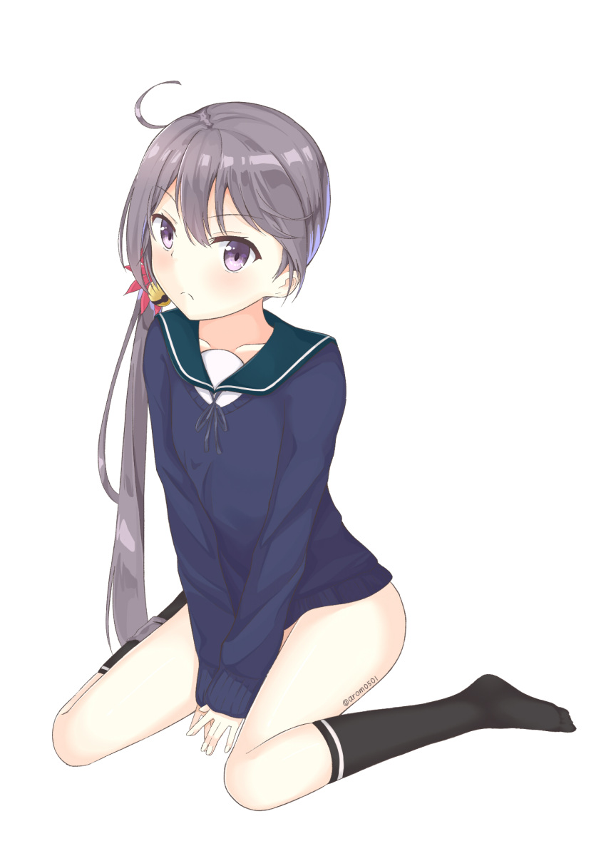 1girl, akebono_(kantai_collection), aroma0501, bangs, bell, between_legs, black_legwear, blue_sweater