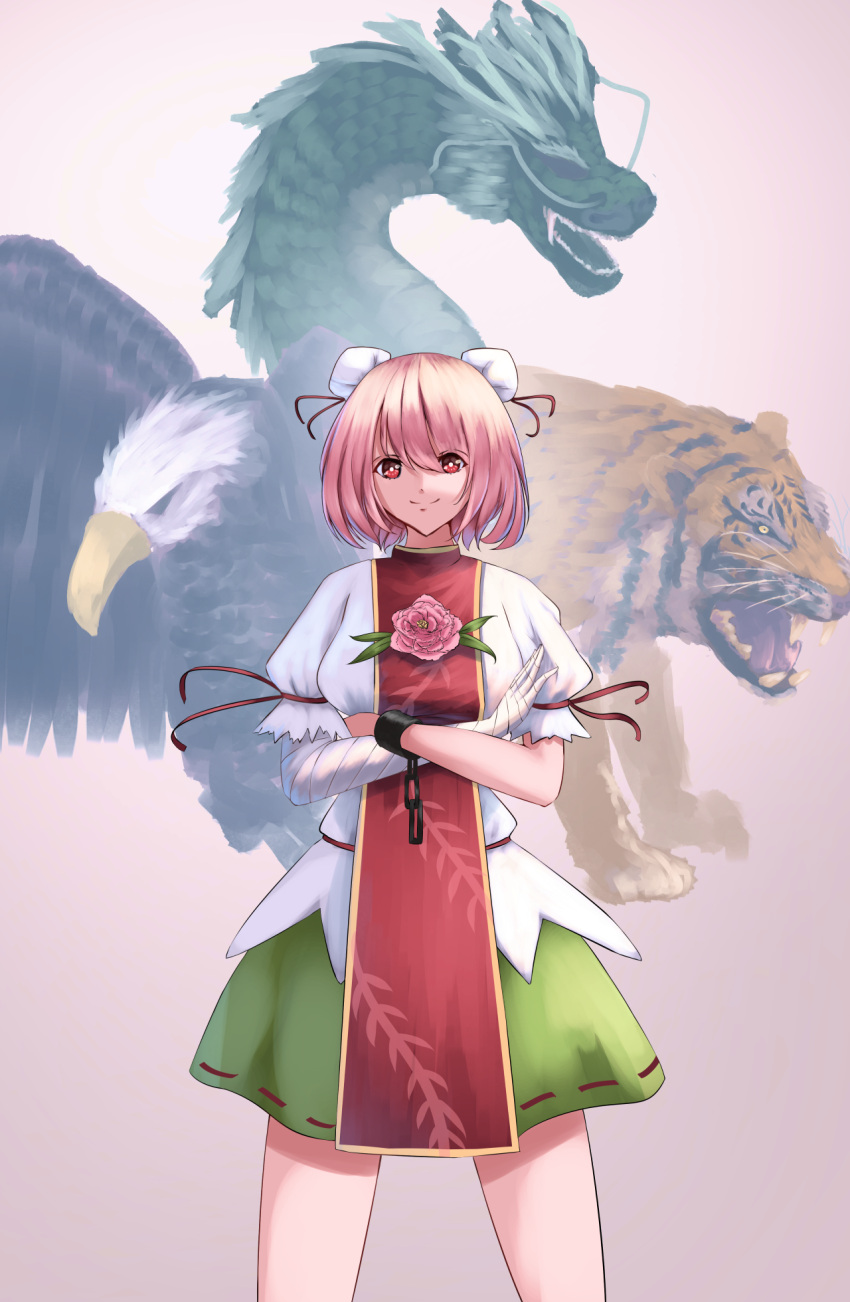 1girl, bald_eagle, bandage, bandaged_arm, bird, cacao_devil, chains, cowboy_shot