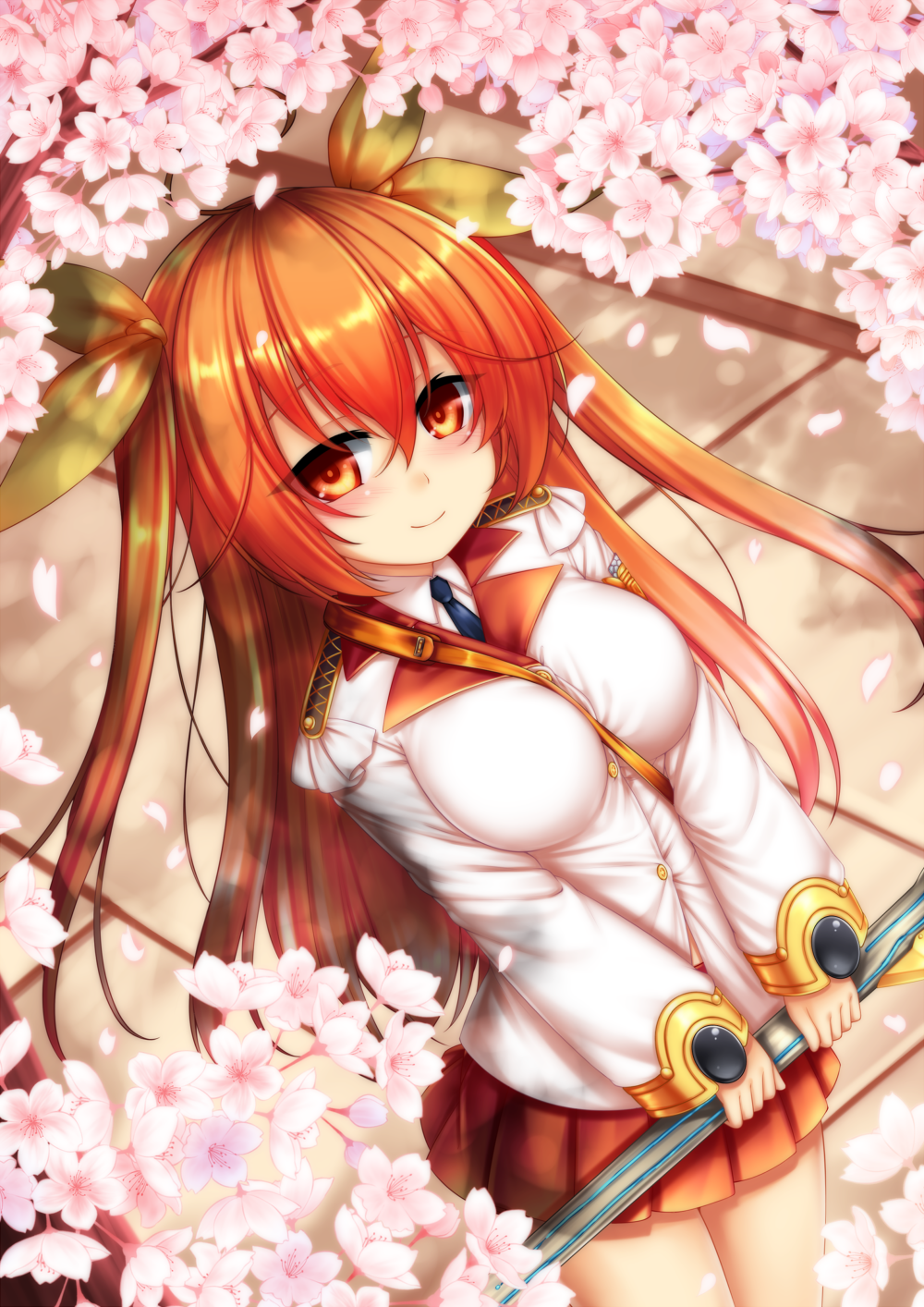 1girl, ahoge, between_breasts, blush, breasts, cherry_blossoms, commentary_request, eyes_visible_through_hair