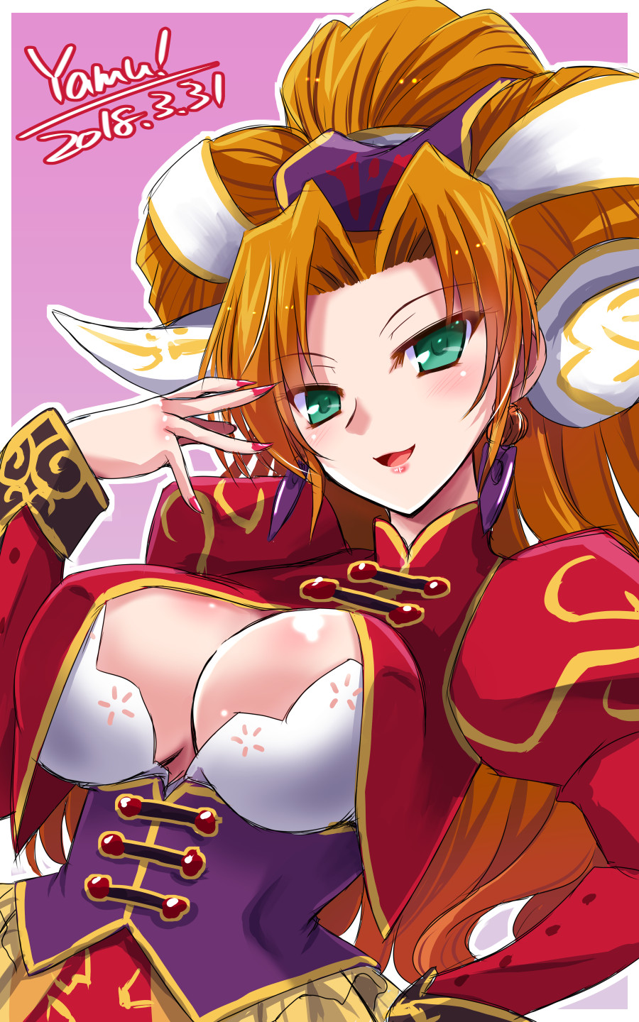 1girl, blush, breasts, cleavage, commentary_request, corset, dated, earrings