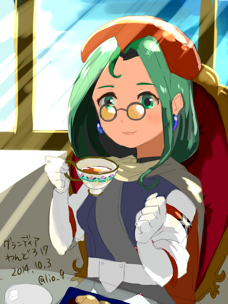 1girl, belt, beret, cape, chair, cup, dated, elbow_gloves