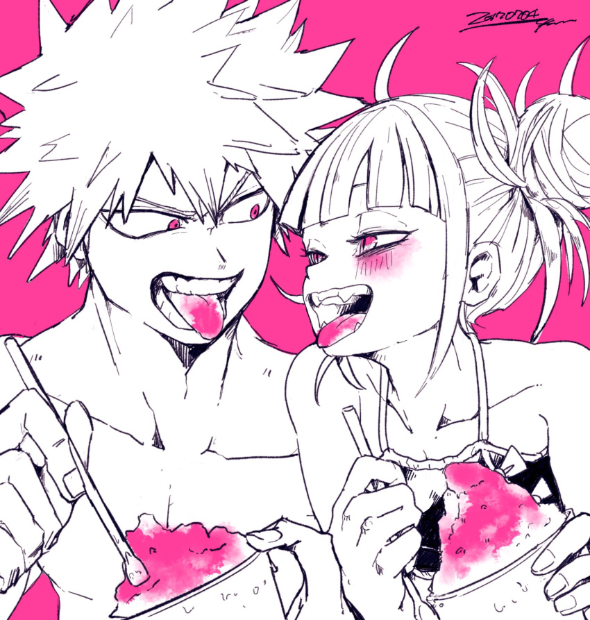 1boy, 1girl, :p, bakugou_katsuki, bangs, bare_chest, bare_shoulders, bikini_top