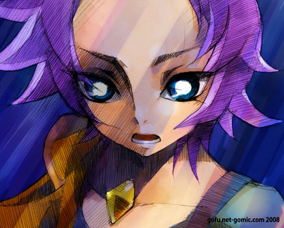 casshern_sins, gofu, purple_hair, sophita, traditional_media