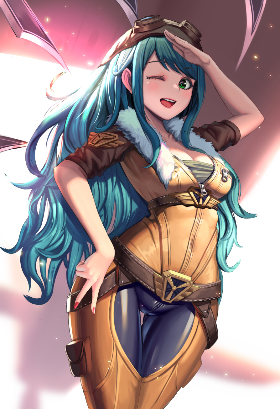 ;d, alternate_costume, alternate_hair_color, aviator_cap, aviator_irelia, aviator_sunglasses, bangs, belt