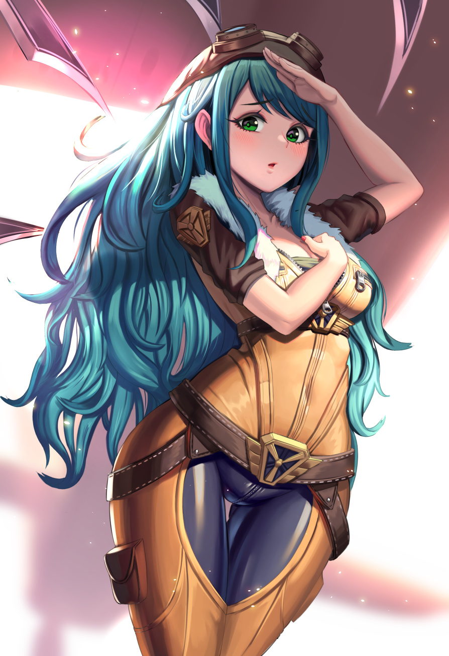 alternate_costume, alternate_hair_color, aviator_cap, aviator_irelia, aviator_sunglasses, bangs, belt, blade
