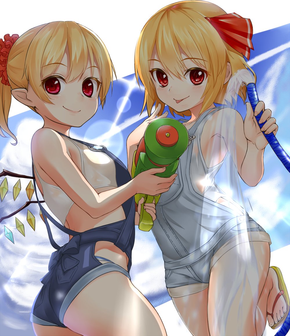 2girls, alternate_costume, ass, bangs, bare_legs, bare_shoulders, bikini, blonde_hair