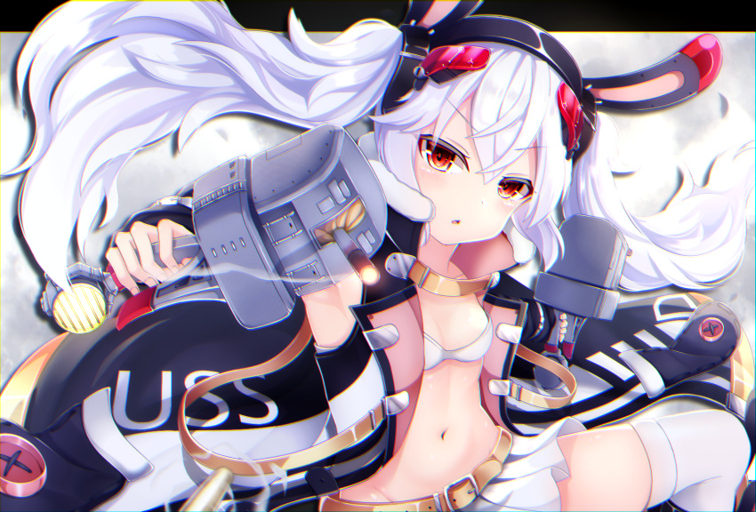 1girl, :o, action, aiming_at_viewer, animal_ears, arm_strap, azur_lane, bangs