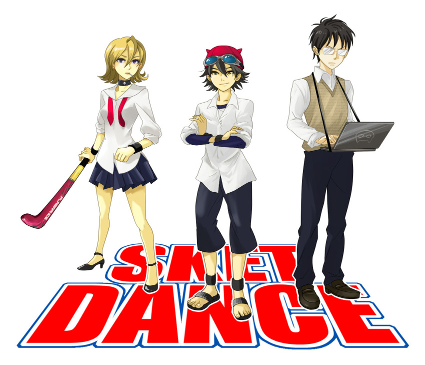 blonde_hair, blue_eyes, brown_eyes, candy, choker, cigarette, computer, fujisaki_yusuke, fujisaki_yuusuke, glasses, goggles, hat, high_heels, highres, hockey_stick, horns, laptop, lollipop, onizuka_hime, regain, rigein, sandals, school_uniform, shoes, short_hair, sket_dance, skirt, sleeves_rolled_up, smoking, usui_kazuyoshi, wristband