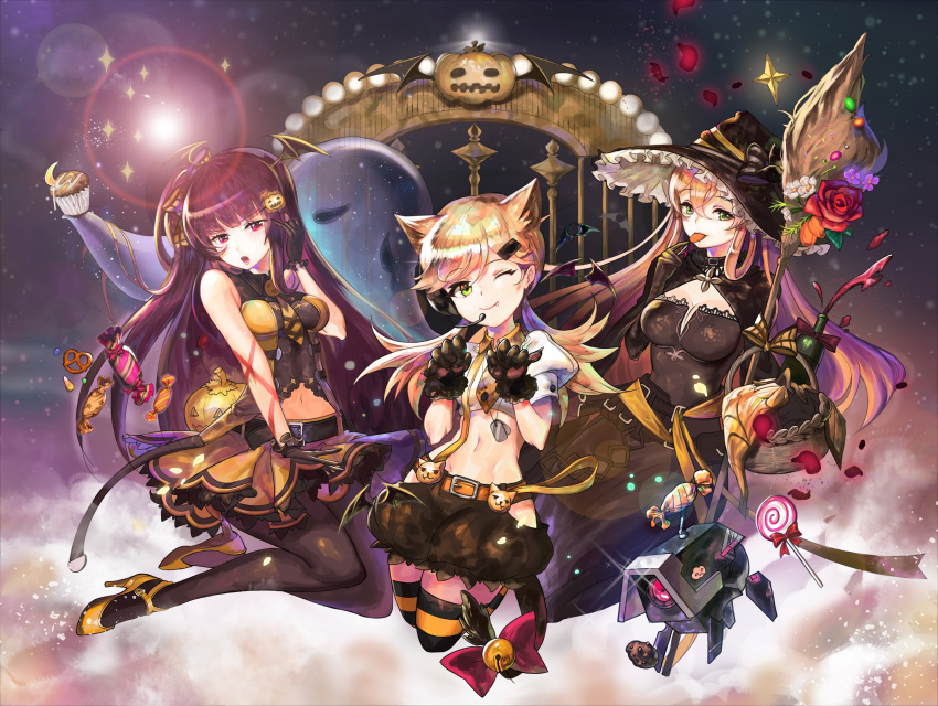 3girls, absurdres, alcohol, alternate_costume, animal_ears, arm_belt, arm_ribbon, ascot