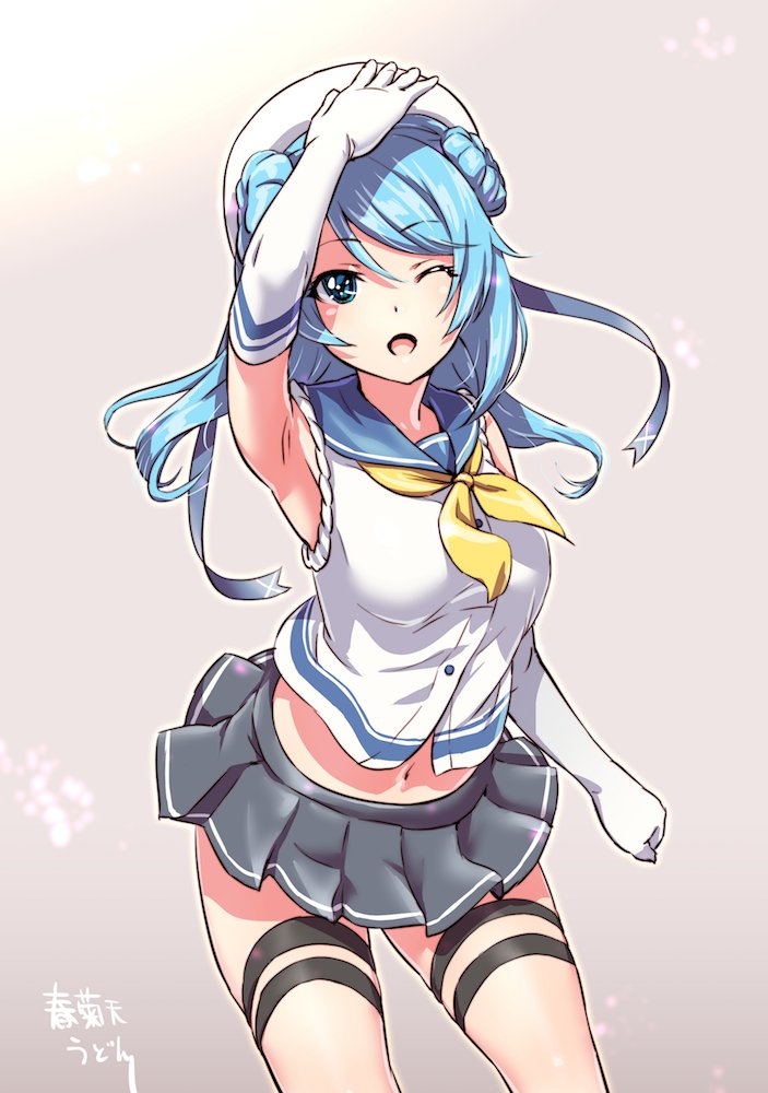 1girl, artist_name, blue_eyes, blue_hair, blue_sailor_collar, commentary_request, double_bun, elbow_gloves