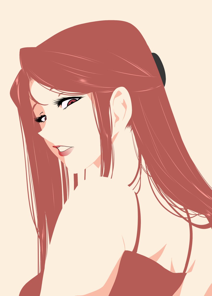 1girl, back, bare_shoulders, beige_background, commentary_request, dress, ears, highres, idolmaster, idolmaster_cinderella_girls, limited_palette, lipstick, long_hair, looking_at_viewer, looking_back, makeup, otochichi, parted_lips, red_dress, red_eyes, red_lipstick, redhead, simple_background, solo, spot_color, upper_body, zaizen_tokiko