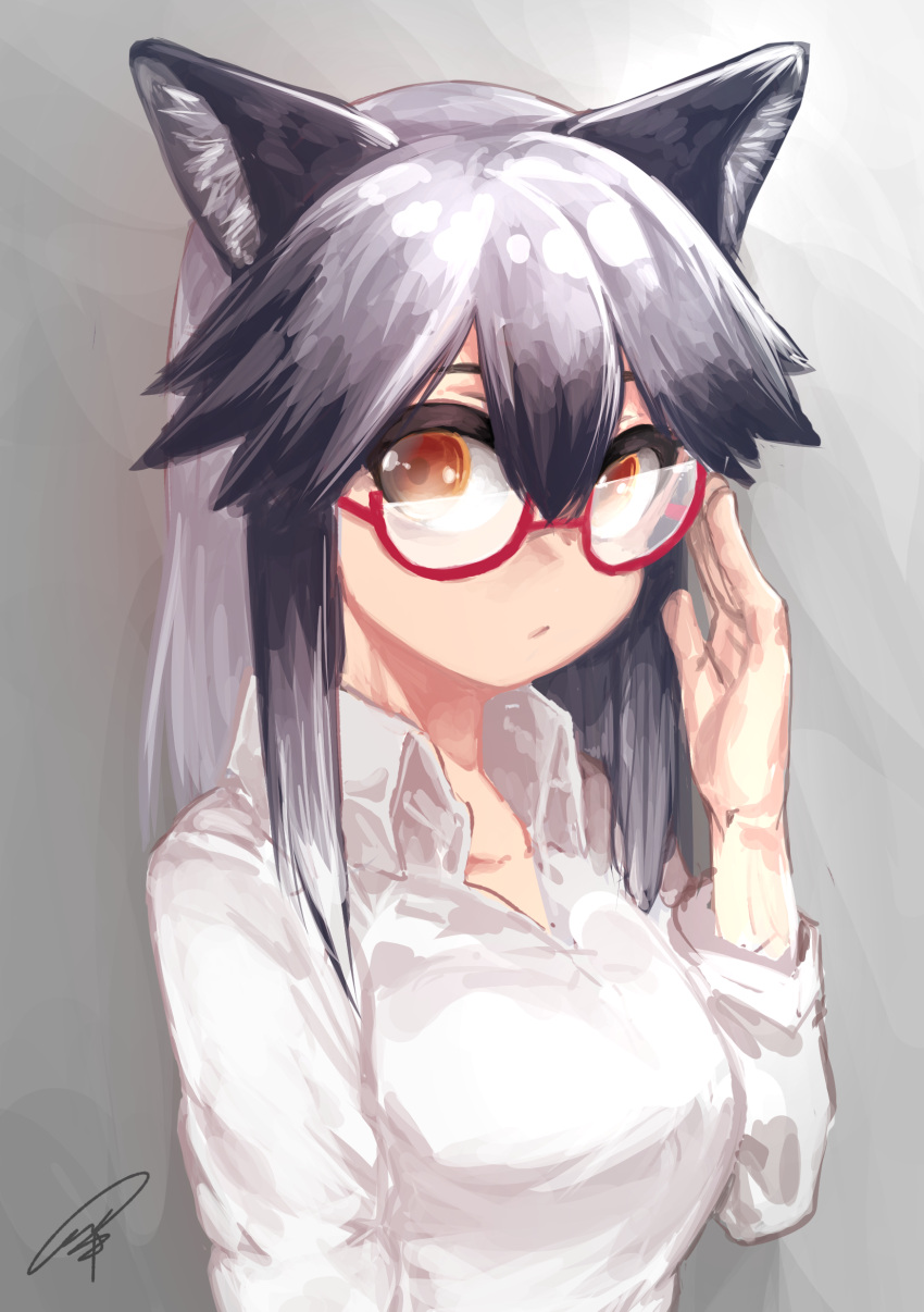 1girl, absurdres, alternate_costume, alternate_eyewear, animal_ears, black_hair, collared_shirt, commentary_request