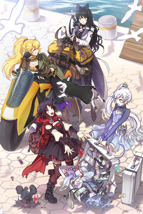 4girls, bag, blake_belladonna, breasts, bumblebee_(rwby), cleavage, closed_eyes, corset